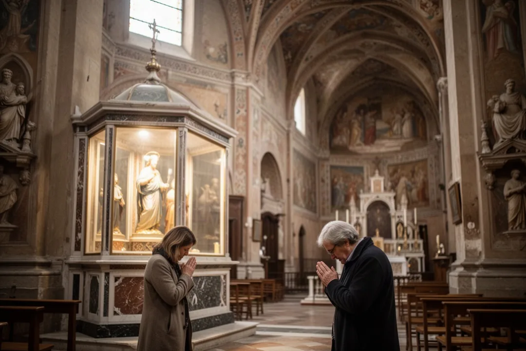 Visitor praying near Saint Catherine’s shrine in a historic Bologna church