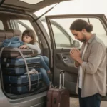 Family praying beside their car before a safe journey