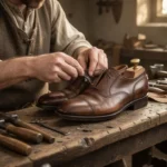 Craftsperson repairing leather shoes in a traditional workshop