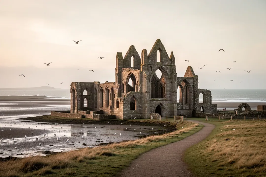 Lindisfarne Priory and coastal landscape associated with Saint Cuthbert