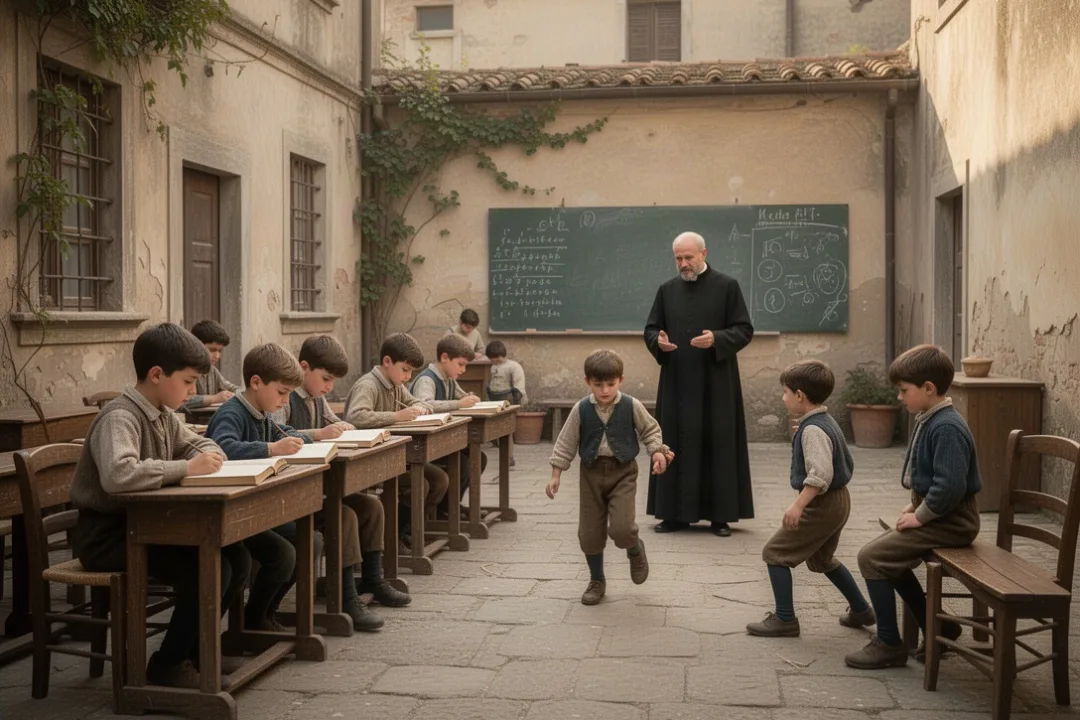 Saint Dominic Savio with classmates in an Italian school courtyard