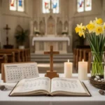 Catholic March saint calendar beside candles and spring flowers