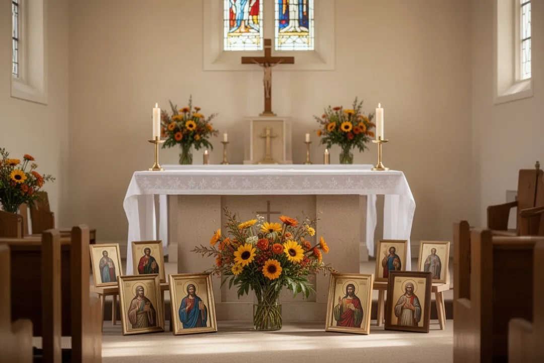 Parish sanctuary decorated with candles and saint images for November worship