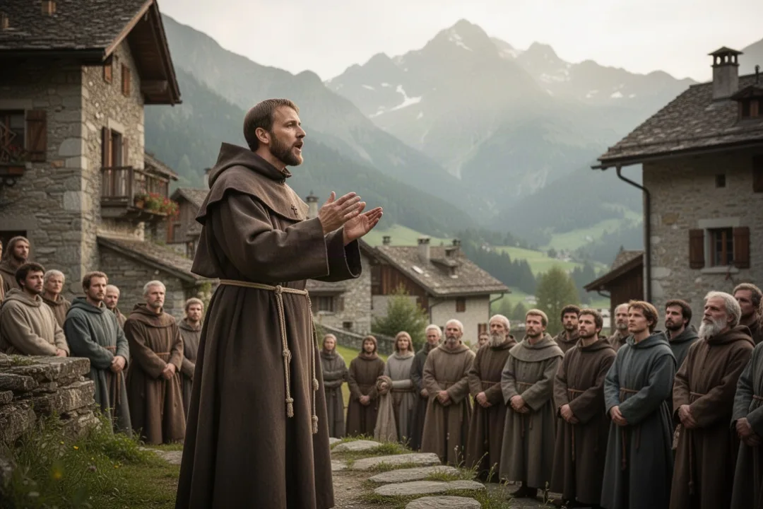 Capuchin friar preaching in a Swiss mountain village near the Alps