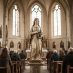 Saint Hedwig statue holding shoes inside a historic church