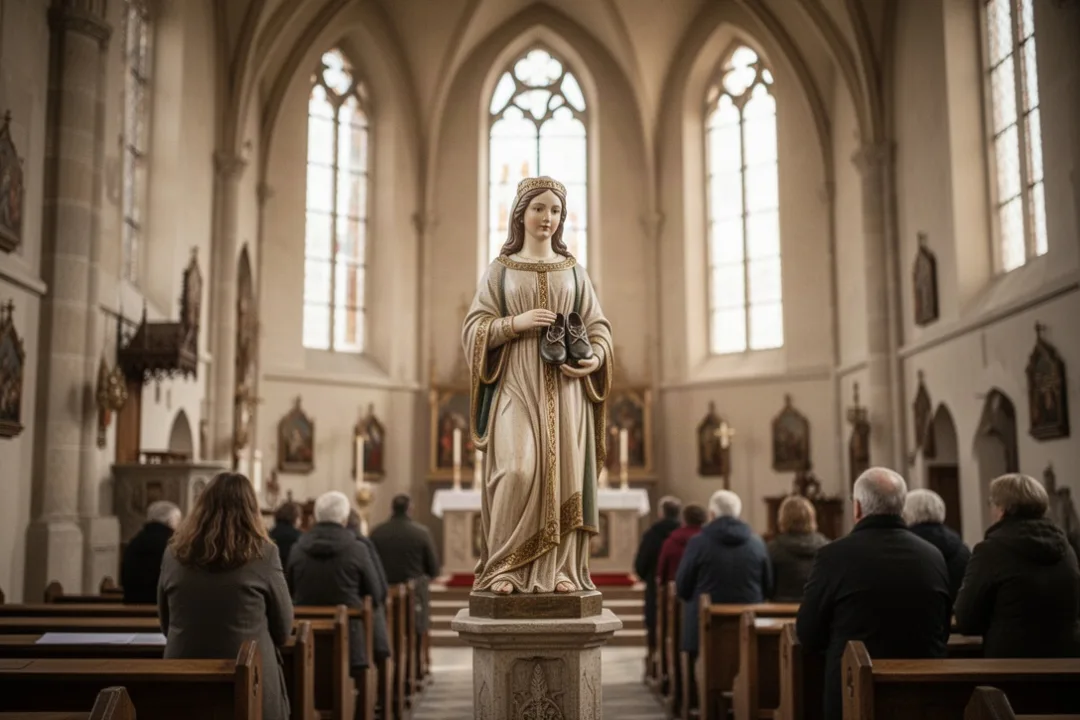 Saint Hedwig statue holding shoes inside a historic church