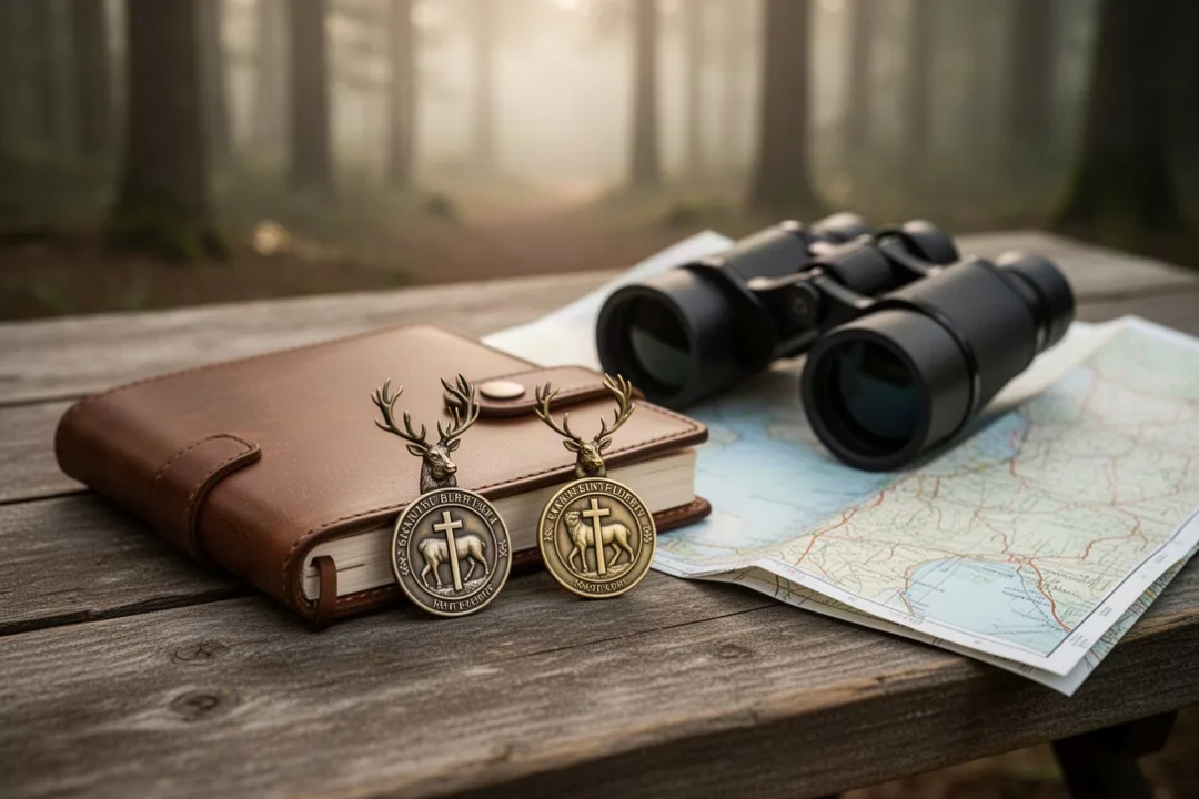 Saint Hubert medal beside outdoor gear and a forest map