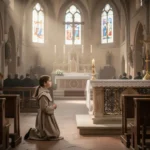 Young Blessed Imelda praying in a quiet chapel during Mass