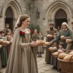 Saint Isabel giving bread to poor families outside a medieval hospital