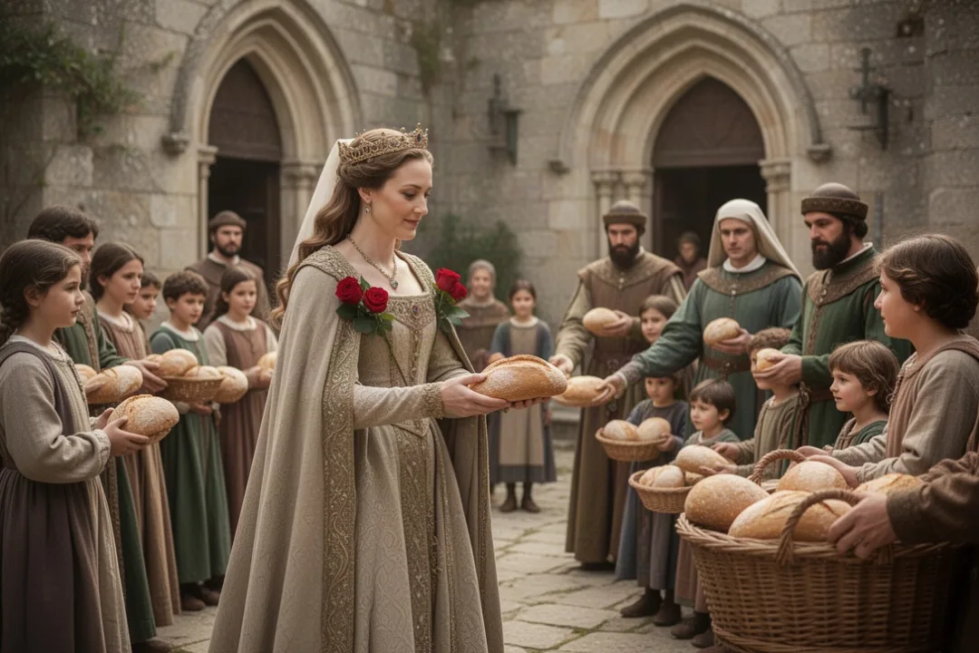 Saint Isabel giving bread to poor families outside a medieval hospital