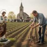 Farmer praying beside Saint Isidore statue and newly planted field