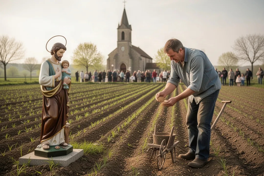 Farmer praying beside Saint Isidore statue and newly planted field