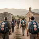 Saint James the Greater: life, symbols, and legacy Pilgrims walking the Camino de Santiago beside a rural chapel