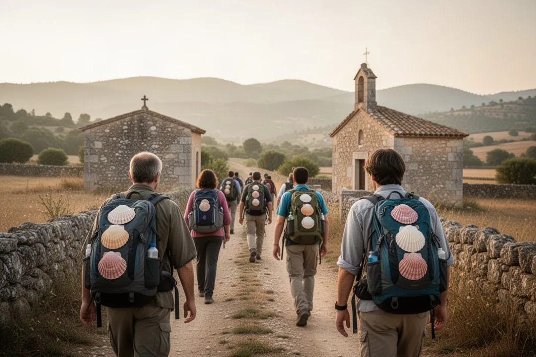 Pilgrims walking the Camino de Santiago beside a rural chapel