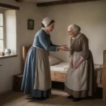 Jeanne Jugan welcoming an elderly woman into her humble home