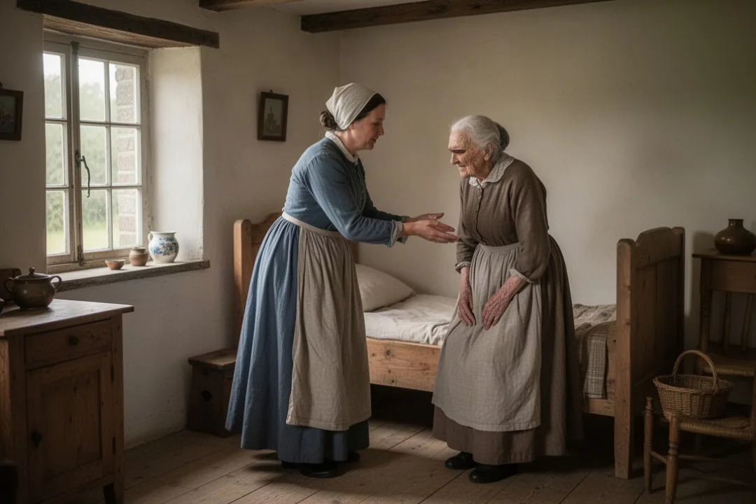 Jeanne Jugan welcoming an elderly woman into her humble home