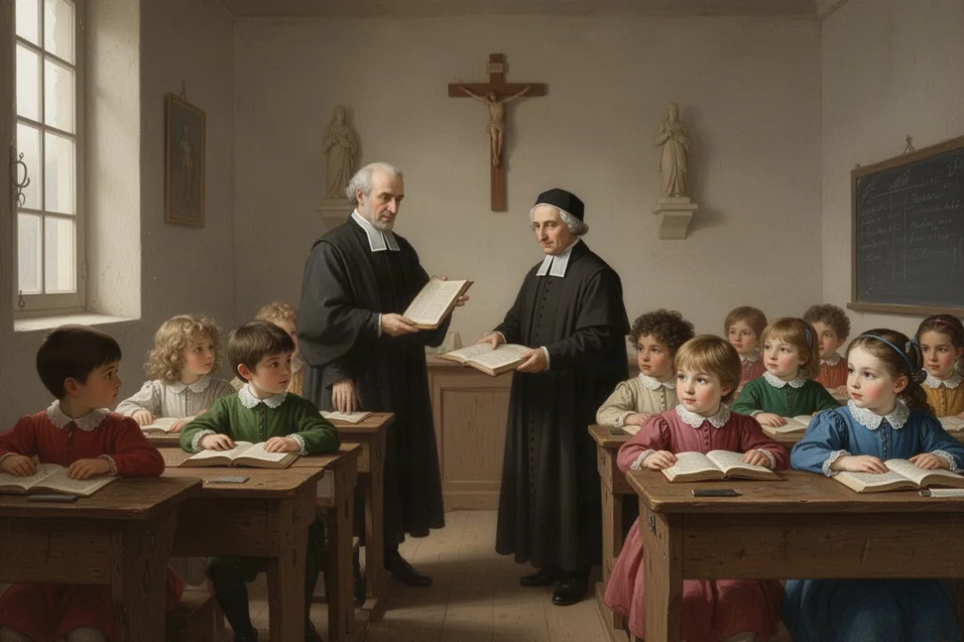 Saint John Baptist de La Salle inspired classroom with teacher and students