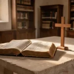 Carmelite monastery table with prayer book and wooden cross