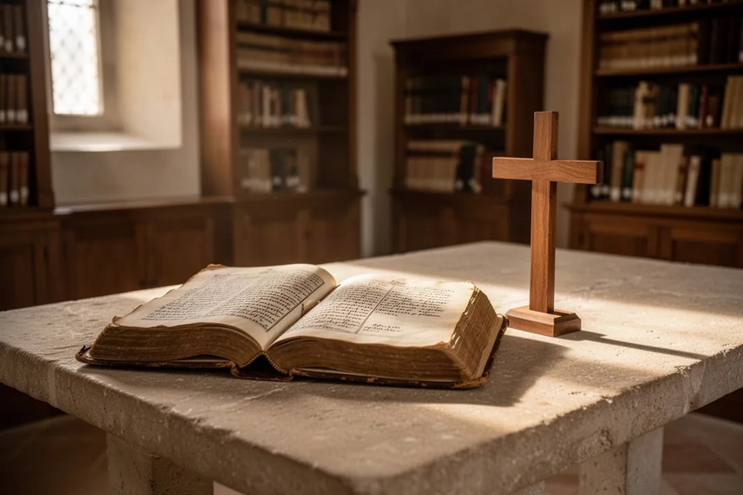 Carmelite monastery table with prayer book and wooden cross