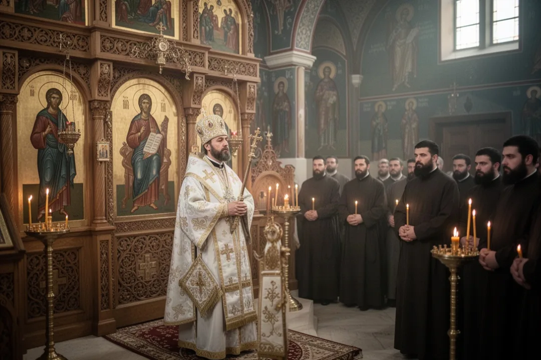 Byzantine Catholic bishop praying with monks and parishioners