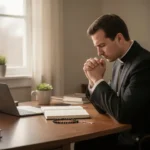 Saint Josemaria Escriva and the call to holiness Catholic professional praying quietly before beginning ordinary work