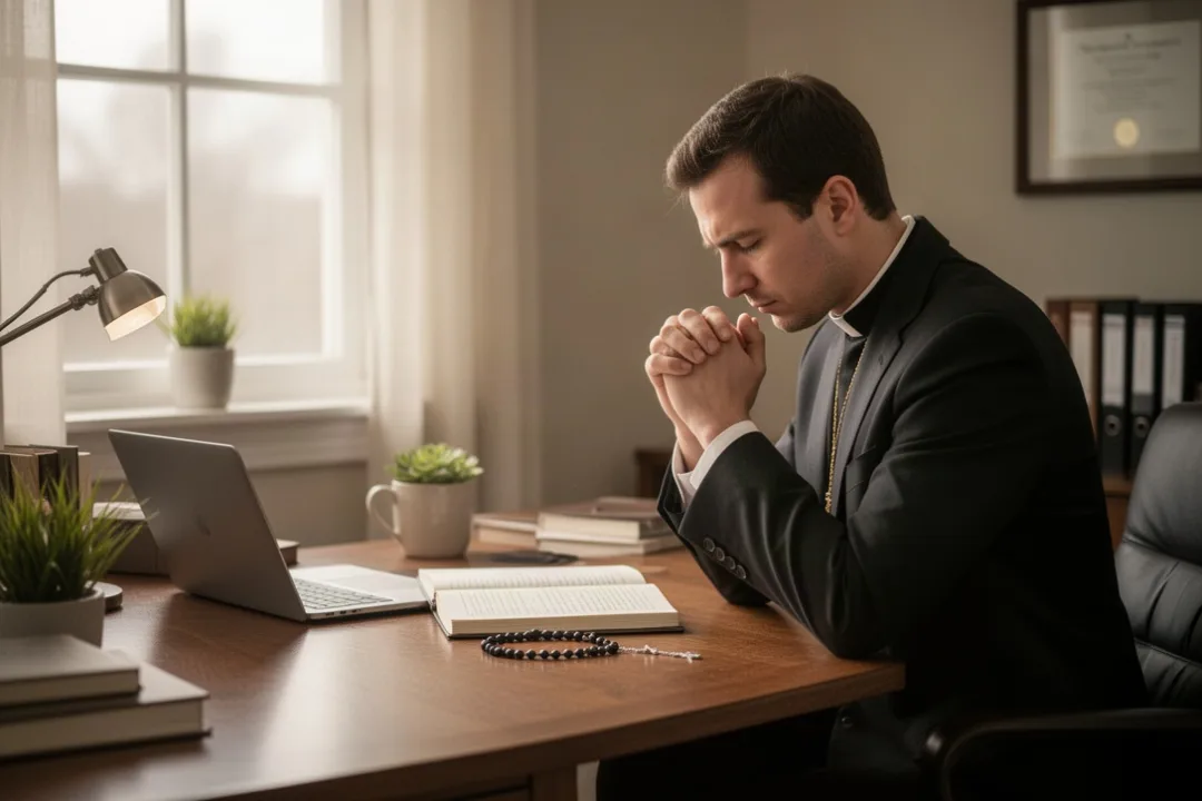 Catholic professional praying quietly before beginning ordinary work