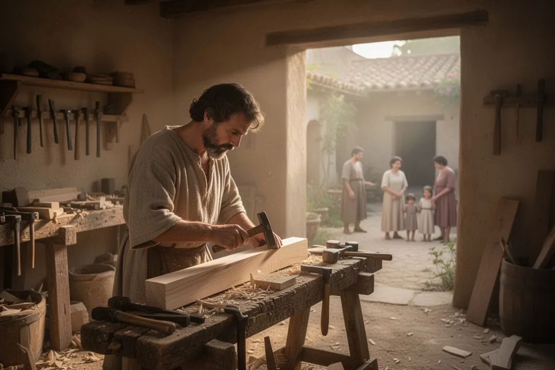 Saint Joseph working quietly in a traditional woodworking shop