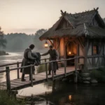 Saint Julian helping a traveler near a riverside shelter