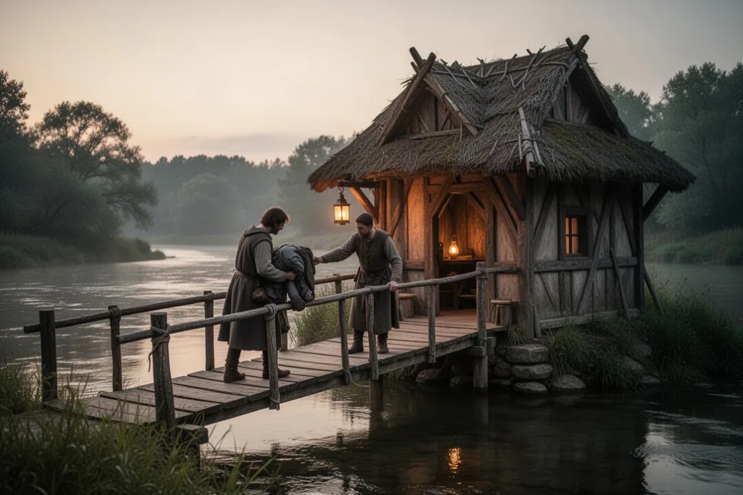 Saint Julian helping a traveler near a riverside shelter