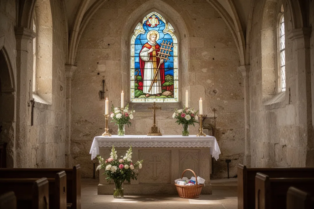 Church altar honoring Saint Laurence with a deacon and gridiron symbol