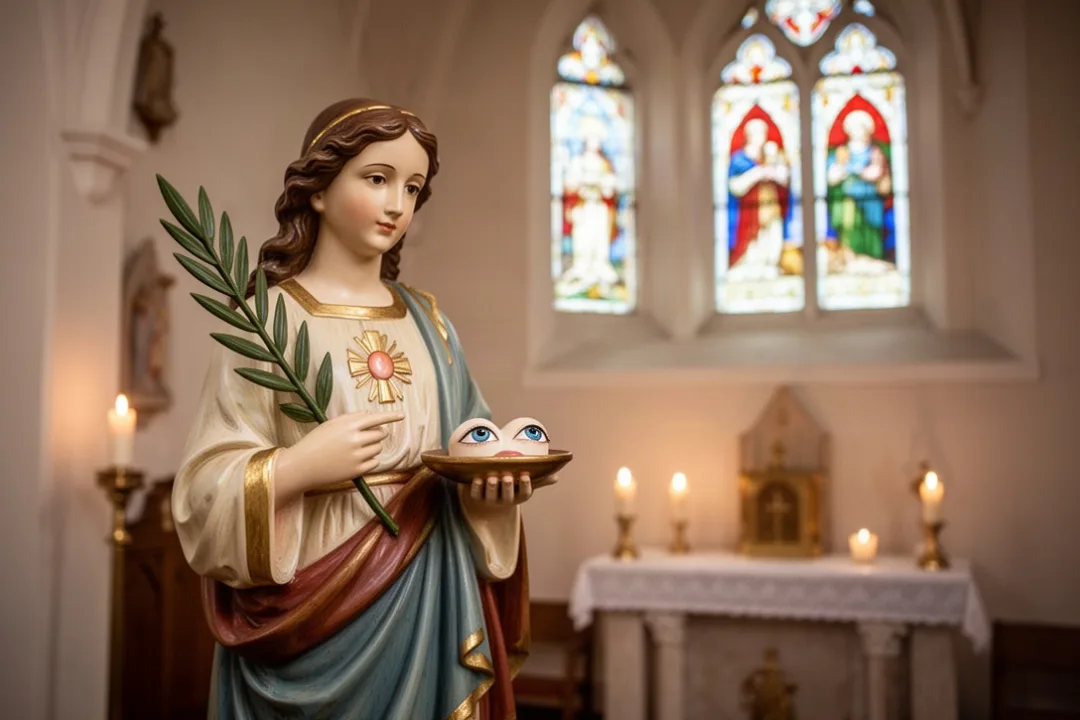 Saint Lucy statue holding eyes on a dish inside a candlelit church