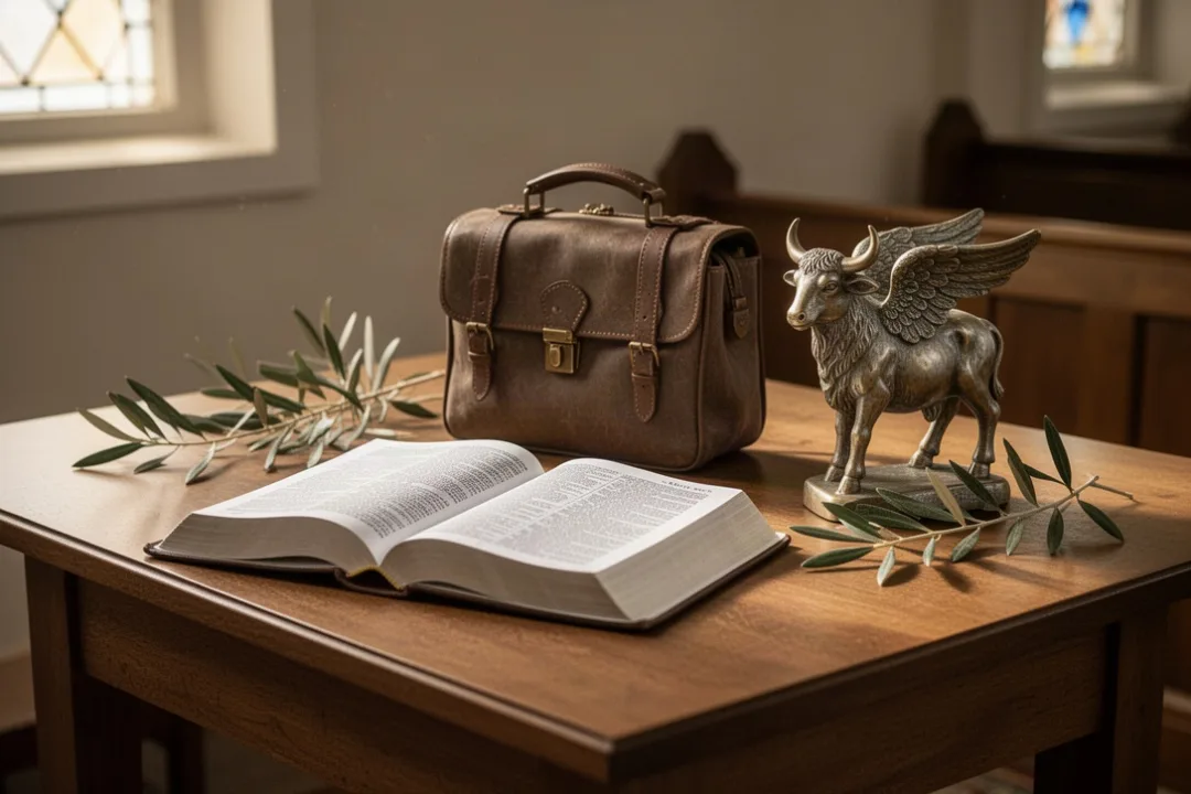 Open Gospel beside medical instruments and a winged ox symbol