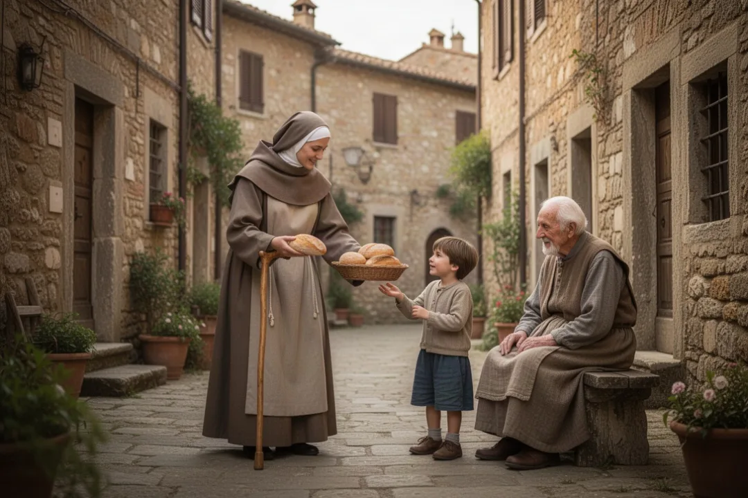 Saint Margaret serving vulnerable neighbors in a medieval Italian town
