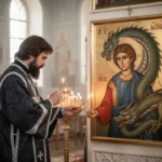 Worshipper lighting a candle before an icon of Saint Marina