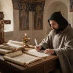 Byzantine monk studying manuscripts beside a cross and oil lamp