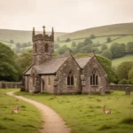 St Melangell’s Church in the Welsh valley surrounded by green hills