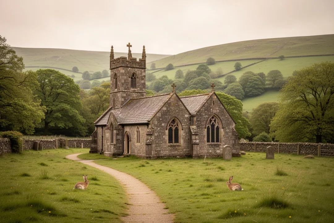 St Melangell’s Church in the Welsh valley surrounded by green hills
