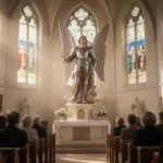 Saint Michael statue in a softly lit church interior