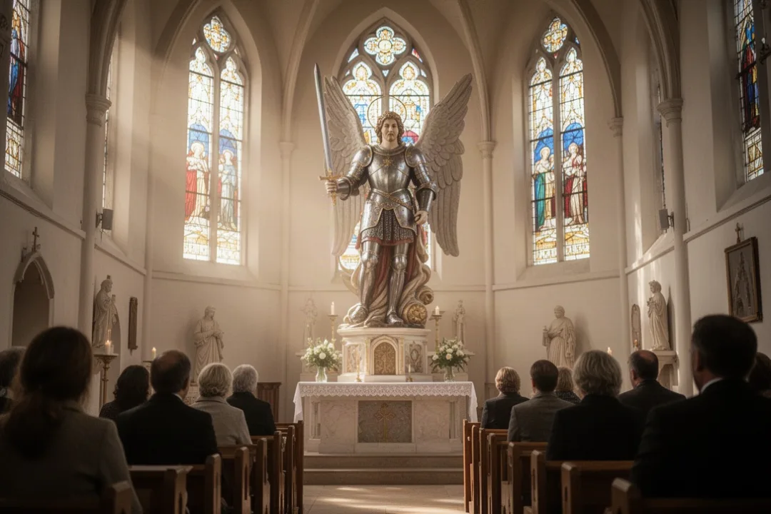 Saint Michael statue in a softly lit church interior