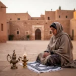 Saint Monica praying quietly in an ancient North African courtyard