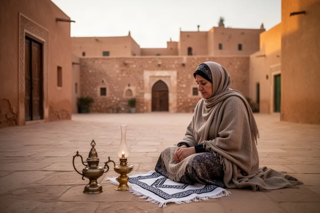 Saint Monica praying quietly in an ancient North African courtyard