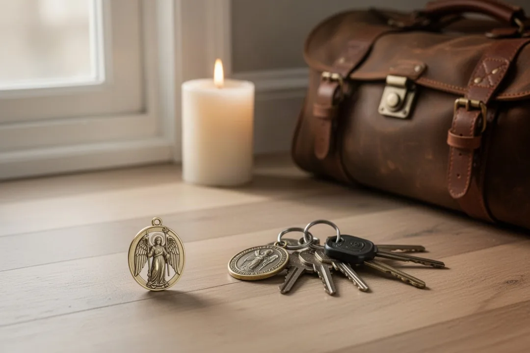 Saint Michael medal beside keys and travel bag in a peaceful home