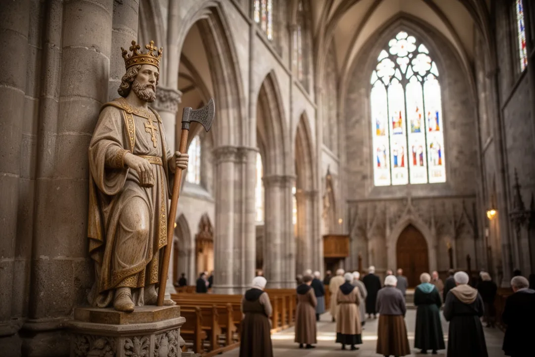 Saint Olaf statue with axe inside Nidaros Cathedral