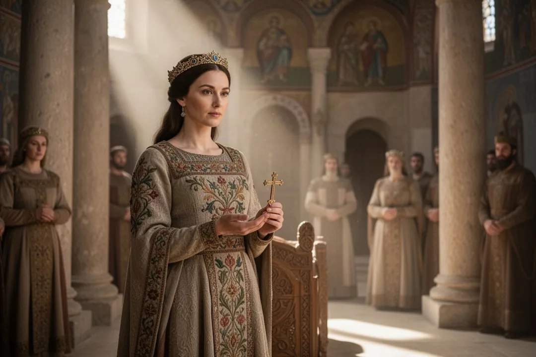 Saint Olga standing inside a Byzantine church after her baptism