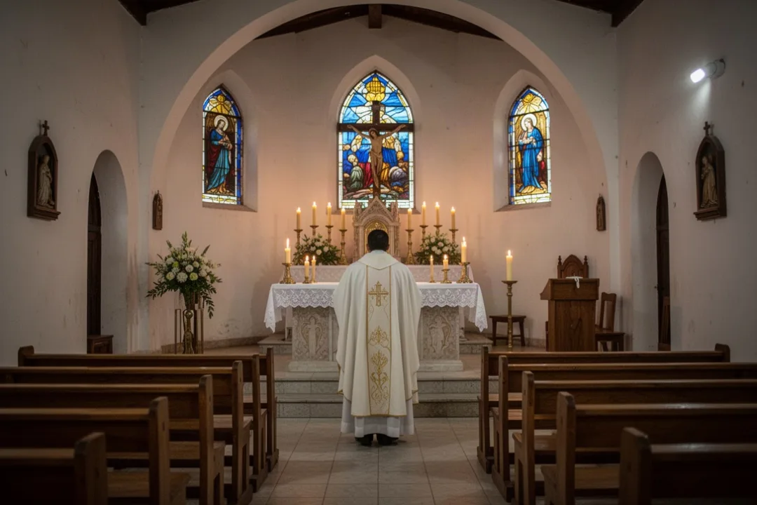 Saint Oscar Romero celebrating Mass in a modest Salvadoran chapel