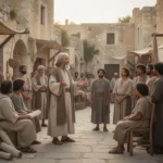 Saint Paul teaching diverse listeners in an ancient Mediterranean marketplace