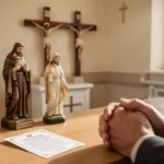 Saint Peregrine statue beside a crucifix in a hospital chapel