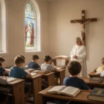 Children attending a Catholic catechism class in a sunlit parish room