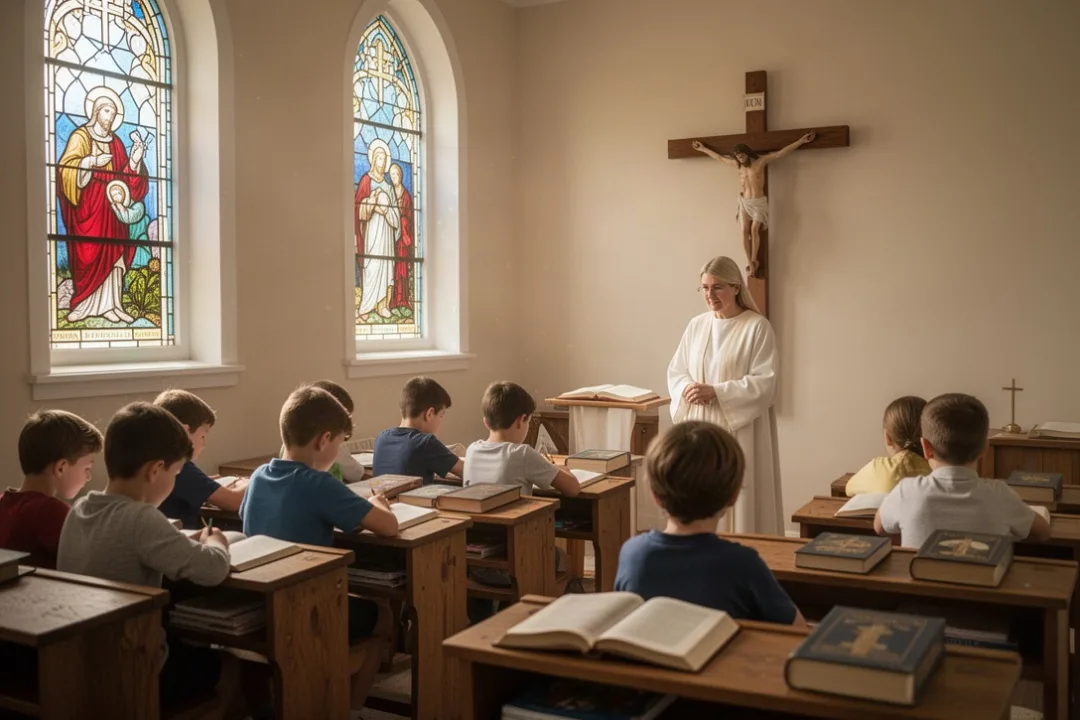 Children attending a Catholic catechism class in a sunlit parish room