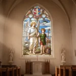 Stained-glass Saint Raphael accompanying Tobias on a journey